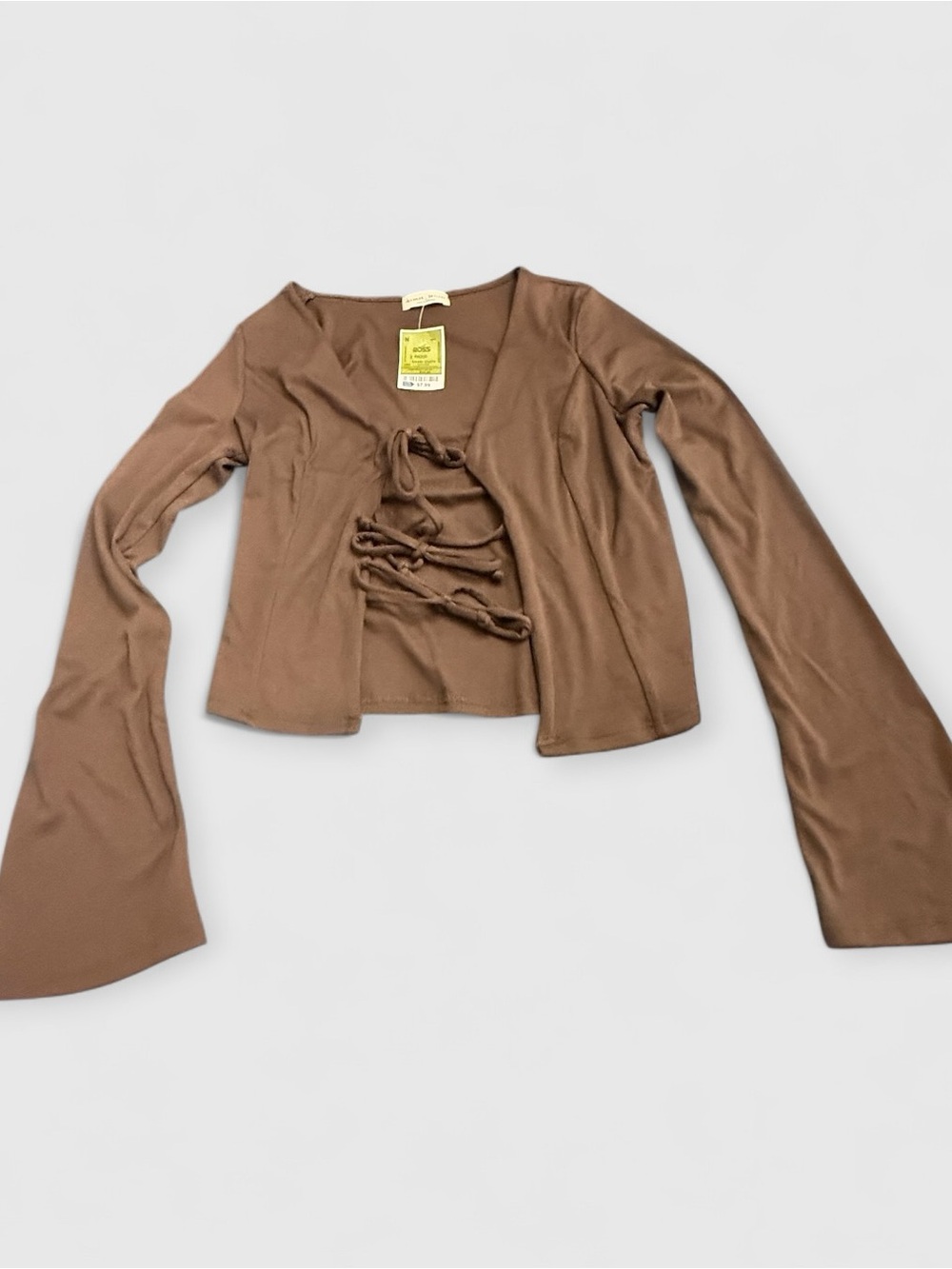 Brown Lace-Up Flared Sleeve Crop Top